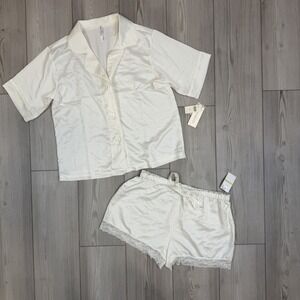 NWT Flora Nikrooz Anthropologie Medium Satin White Bridal Pajama Set Silky